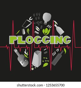 Plogging concept - jogging  with picking up litter. Healthy lifestyle and care for the environment. Vector illustration. Circular pattern on black background.