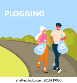 Plogging concept. Men and women jogging and collecting garbage.  Couple of eco-volunteers clean the polluted environment from garbage. Volunteers at eco activity. Flat vector illustration.