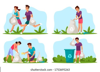 Conjunto de conceptos de registro. Una pareja ecológica trotando, sosteniendo bolsas de basura. Mujer, hombre coge una botella de plástico, bolsas. El tipo arroja los desechos recolectados al contenedor de reciclaje. Ilustración de carácter de vector