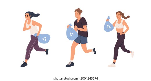 Plogging concept. Set of people running with bags and picking up litter. Men and women jogging and collecting garbage. Volunteers at eco activity. Flat vector illustration isolated on white background