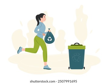 Concepto de plgging. Joven mujer corre con una bolsa de basura. La tendencia de entrenamiento ecológico. Ilustración vectorial aislada sobre fondo blanco.