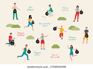 Plogging Ecological Challenge Characters Set Of Running People Picking Up Garbage Into Litter Bags And Inscriptions, Flat Vector Illustration Isolated On Background.