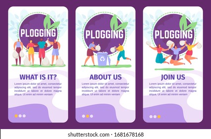 Plogging ecology banners set for plogging vector illustration of people picking up litter and run eco marathon. Recycle while jogging eco activists movement for ecology protection.
