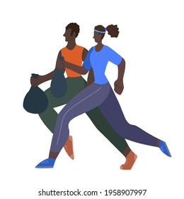 Plogging. Environmental movement. Healthy lifestyle. African american family couple jogging with a garbage bags. Physical activity and care for the environment. Maintaining cleanliness in city.
