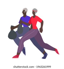 Plogging. Environmental movement. Healthy lifestyle. Old african family couple jogging with a garbage bags. Healthy old age. Physical activity and care for the environment.