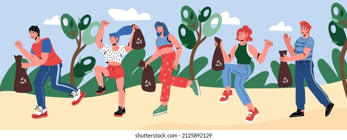 Plogging event banner with people running with eco trash bags and pick up litter. Plogging and volunteering  clean up day, flat vector illustration.