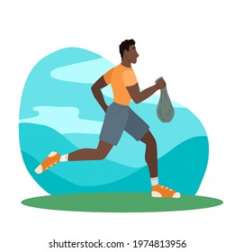 Plogging. Jogging african man with a garbage bag in the park. An athlete caring for the cleanliness of the city. Vector flat illustration of Black sportsman