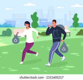 Plogueando. Desafío jogging limpieza del entorno forestal, correr voluntarios con bolsas de basura, combinación de deporte y naturaleza de limpieza ecológica, correr amigos maratón ilustración vectorial