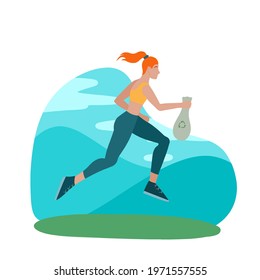 Plogging. Jogging girl with a garbage bag in the park. An athlete caring for the cleanliness of the city. Vector flat illustration