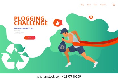 Ilustración vectorial de concepto de aterrizaje con un corredor, una bolsa de basura o basura y un icono de reciclaje de residuos. Limpieza de maratón de basura o de presentación de desafío ecológico, página web o plantilla de banner.