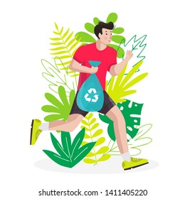 Plogging. Man picking up litter during plogging. Vector illustration. 
