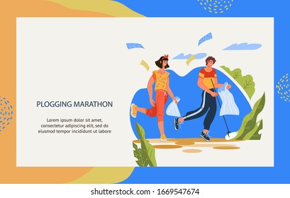 Plogging marathon banner template with running people picking up trash into litter bags. Ecology environment conservation and recycling, zero waste. Flat cartoon vector illustration isolated.