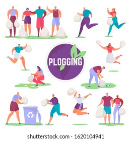 Plogging, people run and collect trash, plastic for recycling vector illustration isolated collection set. Men and women ecological activists ploggers with garbage bags jog and clean environment.