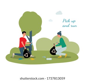 Plogging - pick up and run poster with cartoon people picking recycling garbage from park ground. Runners cleaning litter trash from nature - flat isolated vector illustration