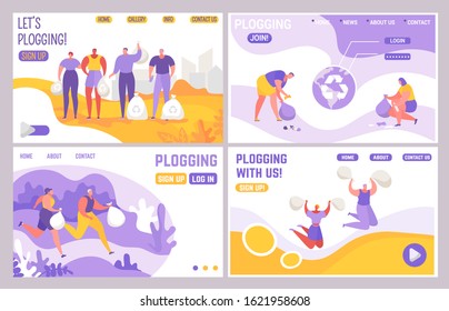 Ilustración vectorial del conjunto de páginas web de planificación de registros. Gente corriendo hombres, mujeres con bolsas de basura, recolectar basura, plástico para reciclar. Publicidad en Internet para los seguidores del saqueo medioambiental.