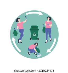 Plogging' Process. Recycling Concept. Girl Jogging, Picking Up Trash, And Makings Selfie With A Trash Bag. Illustration For Social Stories, Eco-marathons Poster, Flyer, Or Banner.