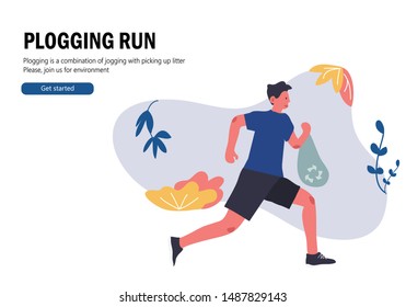 Plogging Run - concept illustration of running people picking up litters