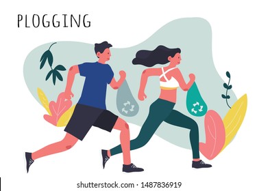 Plogging together - concept illustration of running people