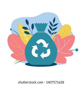 Plogging. Trash bag with recycling sign. Symbol of a healthy lifestyle and respect for nature. Garbage collection in nature. Flat vector illustrations