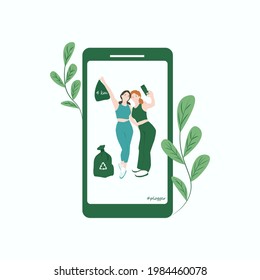 Plogging. Two girls take a selfie after jogging and picking up trash in nature. Vector illustration.