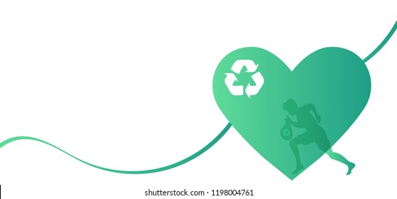 Plogging vector illustration banner with  isolated design elements like a recycling bag with a jogging man silhouette, ecosystem symbol. Runner pick up a trash, litter, garbage in a bag while jogging.