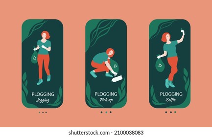 Plogging. The Vector Illustration Of Plogging Process. Girl Jogging, Picking Up Trash, And Making Selfie With A Trash Bag. Illustration For Social Stories, Eco-marathons Poster, Flyer, Or Banner.