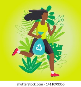 Plogging. Woman picking up litter during plogging. Vector illustration. 