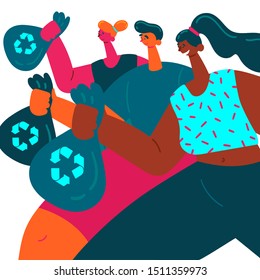 Plogging. Young men and women pick up litter during plogging in nature. Group of friends collect garbage while running. Eco and environment friendly ecological concept. Flat. Vector illustration.
