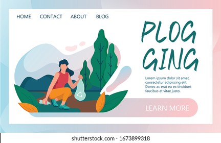 Plogging. Young woman pick up plastic bottle during jog in the woods. Girl collect garbage while running. Eco friendly and healthy lifestyle. Flat vector illustration, web banner or landing page idea