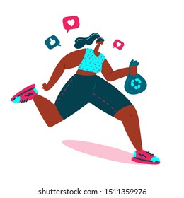 Plogging.Young women pick up litter during plogging in nature.She collect garbage while running.Girl is plugging and getting likes.Eco and environment friendly ecological concept.Vector illustration.