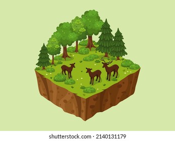 a plot of green forest with animals, deer. isometry illustration