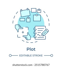 Ícone de conceito de plotar várias cores. Quadro de história, narrativa. Fotografia, enredo de filme. Ilustração de linha de forma redonda. Ideia abstrata. Design gráfico. Fácil de usar em infográfico, apresentação