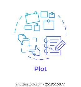 Ícone de conceito de plotar várias cores. Quadro de história, narrativa. Fotografia, enredo de filme. Ilustração de linha de forma redonda. Ideia abstrata. Design gráfico. Fácil de usar em infográfico, apresentação