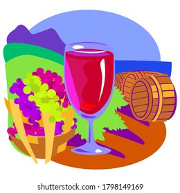 А parcela de unas vacaciones de verano. Vidrio de vino tinto, sobre el fondo de viñedos, barriles de vino, montañas y mar