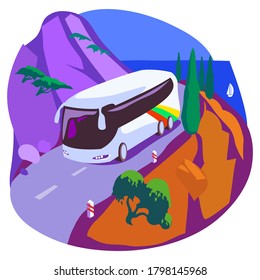 А plot from a summer vacation. Tourist bus on the mountain trail. Against the backdrop of the seascape
