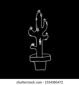 Plotted cactus. Chalkboard hand drawn illustration. White vector icon isolated on black.