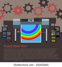 Plotter with format paper and color cartridges on dark brown background. Print technology background with gears.