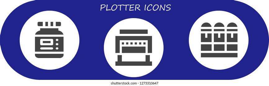  plotter icon set. 3 filled plotter icons. Simple modern icons about  - Ink, Guillotine, Cartridge