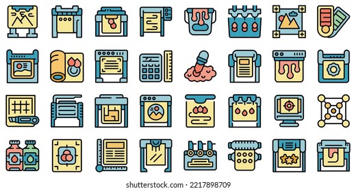 Plotter icons set outline vector. Printer machine. Copy offset thin line color flat on white