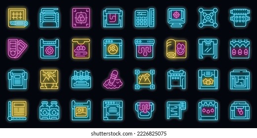 Plotter icons set outline vector. Printer machine. Copy offset neon color on black