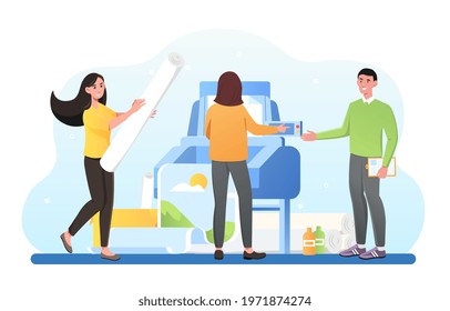 Plotter inkjet offset machine commercial digital advertising documents production. Printing house polygraphy. Flat metaphor cartoon vector illustration concept design. Isolated on white background.