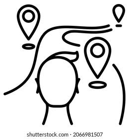 Colocando una ruta en un camino de campo. Una persona mira el camino con curvas y marcas para detenerse. Icono del vector, contorno, aislado. Trazo editable.