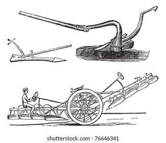 Plough, vintage engraving. Old engraved illustration of several types of Ploughs. Trousset encyclopedia.