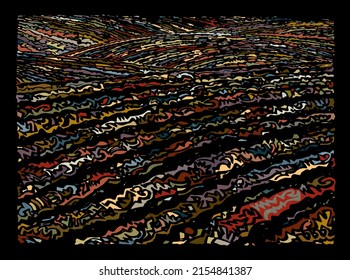 Ploughed fields, freehand drawn abstract illustration on dark background