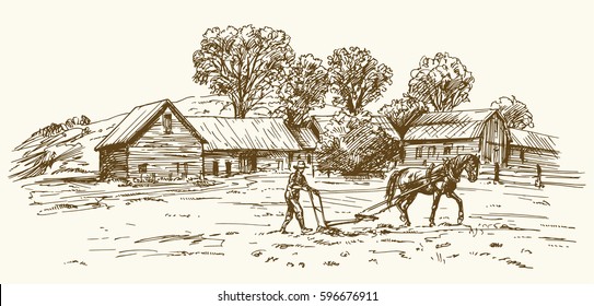 Ploughing the Field with Horse, barn on the background.