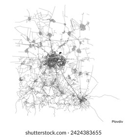 Plovdiv city map with roads and streets, Bulgaria. Vector outline illustration.