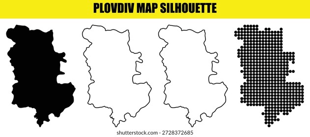 Conjunto de Ilustración vectorial de silueta de mapa de Plovdiv con forma negra sólida, relleno blanco, contorno negro y patrón de puntos en un fondo de tablero de ajedrez, ideal para proyectos de cartografía