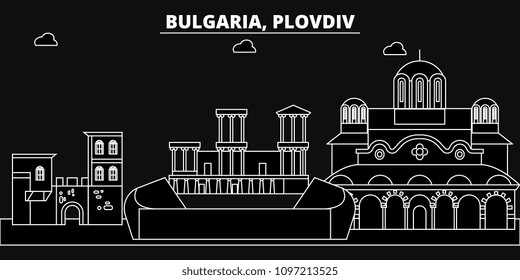 Plovdiv silhouette skyline. Bulgaria - Plovdiv vector city, bulgarian linear architecture, buildings. Plovdiv travel illustration, outline landmarks. Bulgaria flat icons, bulgarian line banner