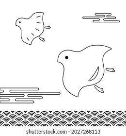 Ola de Plover y Qinghai (patrón japonés). Ilustración vectorial de línea en un fondo blanco. Afortunado encanto japonés de Año Nuevo. Ideal para tarjetas de Año Nuevo. 