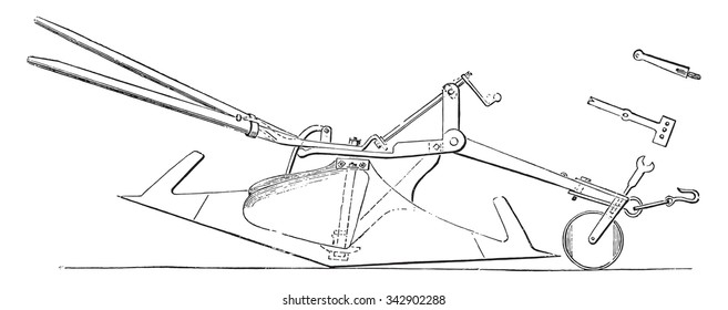 Plow back to back is turning age; side view of the fork ends of the front age, vintage engraved illustration. Industrial encyclopedia E.-O. Lami - 1875.
